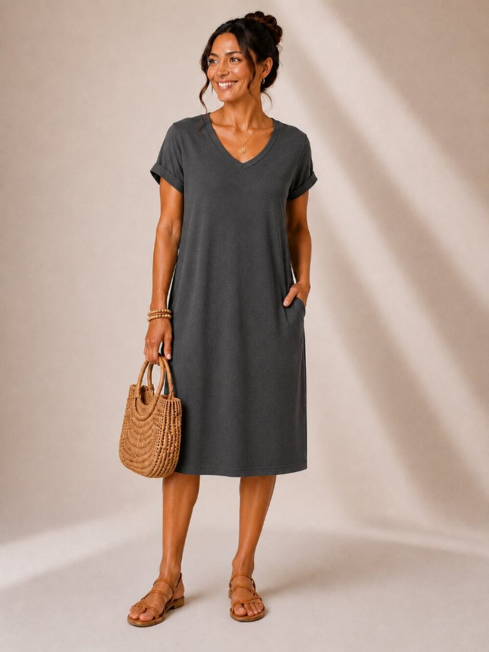Zenana Charcoal Gray V Neck Midi Dress Large Pockets Tunic NWOT Casual